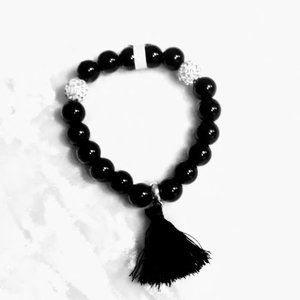 NEW*BLACK GLASS BEADS *ELASTIC* TASSEL BRACELET*HAND CRAFTED